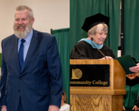 Two photos side-by-side of MCC trustees and staff members at a graduation ceremony.