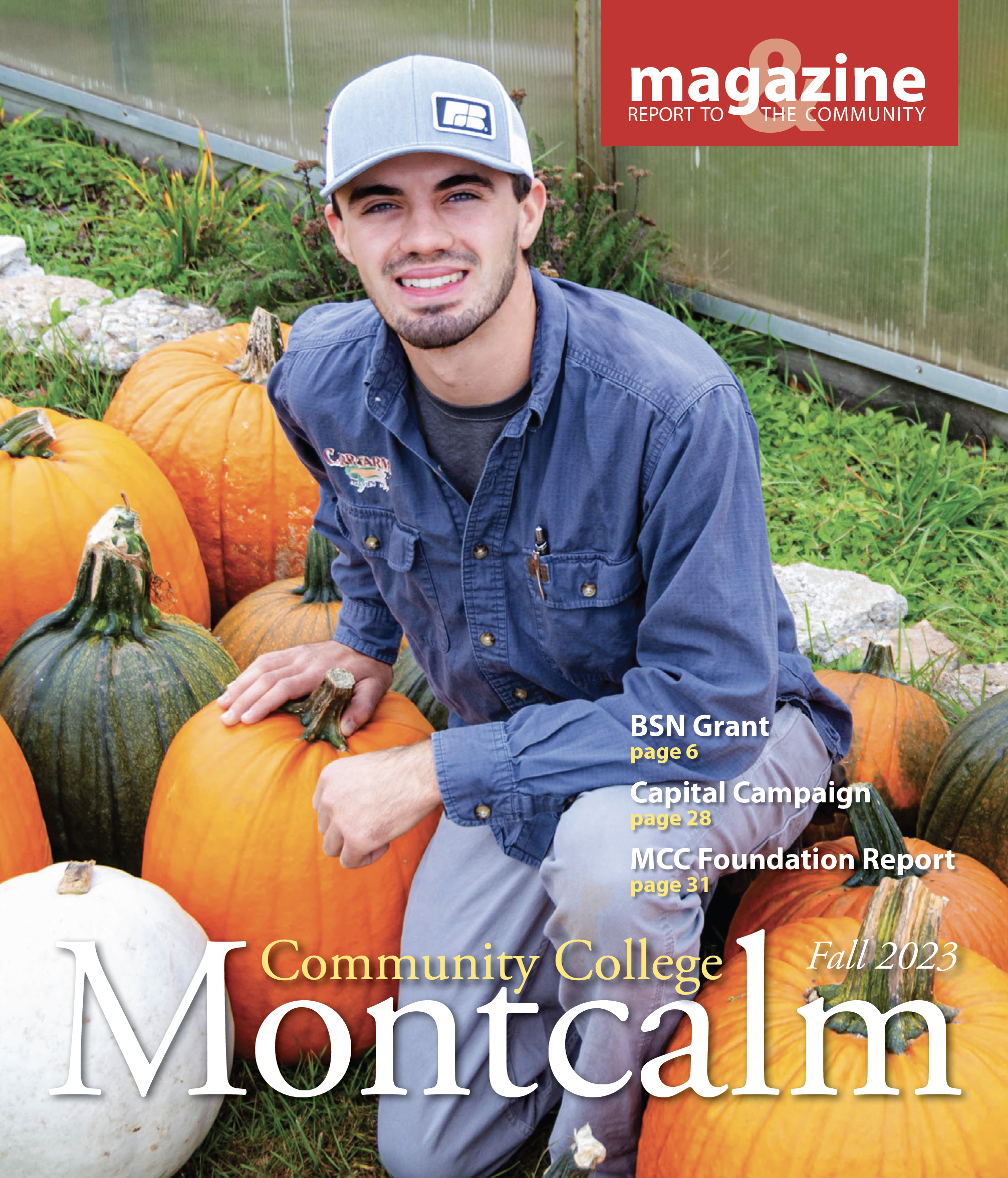 Male student wearing a ballcap, button down shirt and jeans sitting with orange, green and white pumpkins