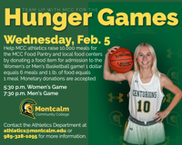 An advertisment for MCC basketball's Hunger Games Night is shown with MCC women's basketball player Hannah Reed posing for a photo while holding a basketball on her shoulder.
