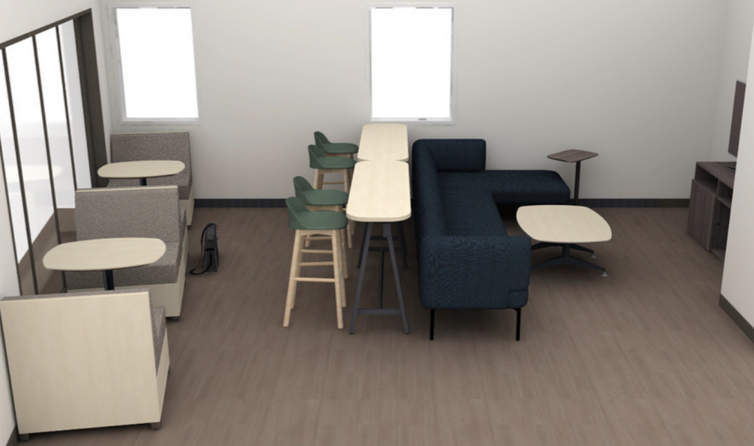 Rendering of the livingroom and lounge space in the student housing building.
