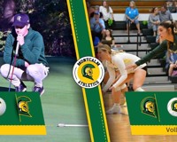 A graphic showcasing Montcalm Athletics is shown, with a picture of a golfer on the left an a picture of volleyball players on the right.