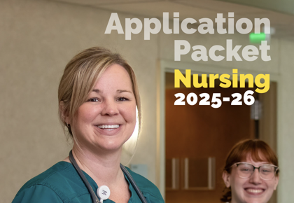 Image of two nursing students in green scrubs with MCC logo, NLN CNEA Accredited logo, and text that reads: Application Packs Nursiong 2025-26