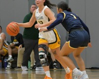An MCC women's basketball player, wearing a large brace on her right knee, dribbles up the court with a defender matching her steps.