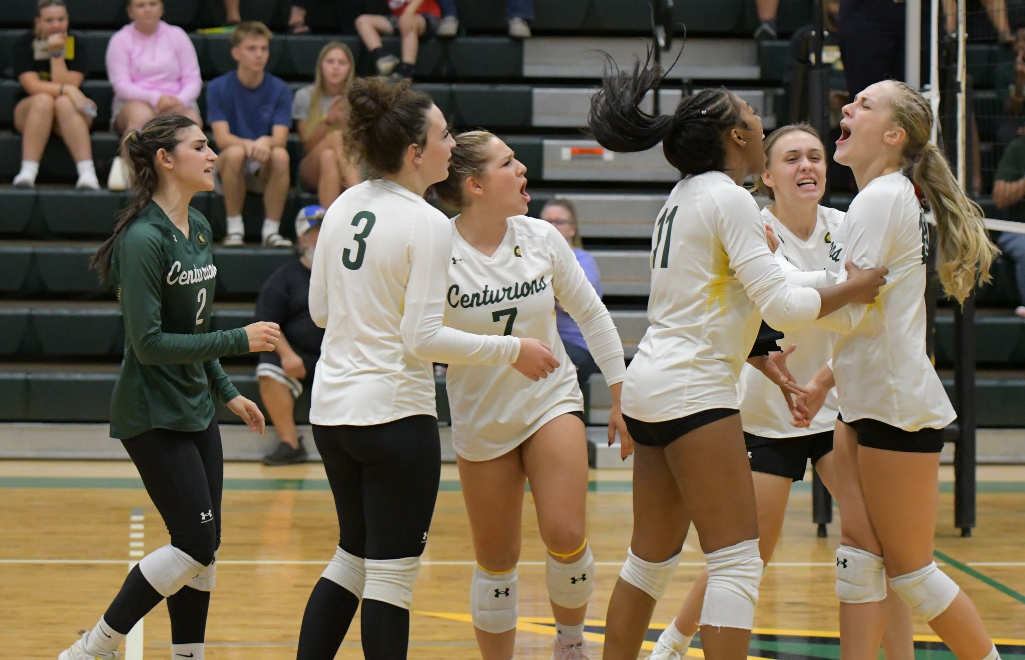 MCC women's volleyball team celebrates on the court during a match.