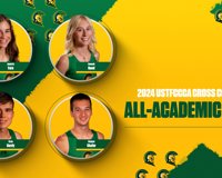 Four headshots of MCC cross country athletes are shown on the left side of the graphic displaying their admission to the 2024 USTFCCCA Cross Country All-Academic Team.