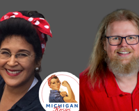 Image of woman dressed as Rosie the Riveter with a red headband on and man in red shirt.