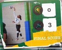 Picture of final score update for the volleyball team vs. Bay College.