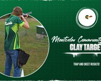 A graphic advertising results for a clay target shooting match is shown, with a picture of an MCC athlete shooting his gun on the left side of the graphic.