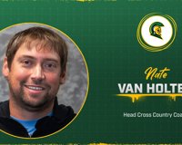 A graphic with a photo of new cross country head coach Nate Van Holten on the left announces his hire.