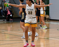 An MCC women's basketball player looks to her right as her arms are stretched out in a T-formation.