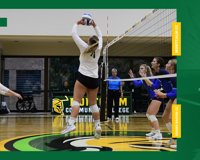 A graphic is shown with the MCC volleyball score against GRCC, with GRCC winning 3-0. The picture to the left shows an MCC volleyball player setting up a kill opportunity for her teammate.