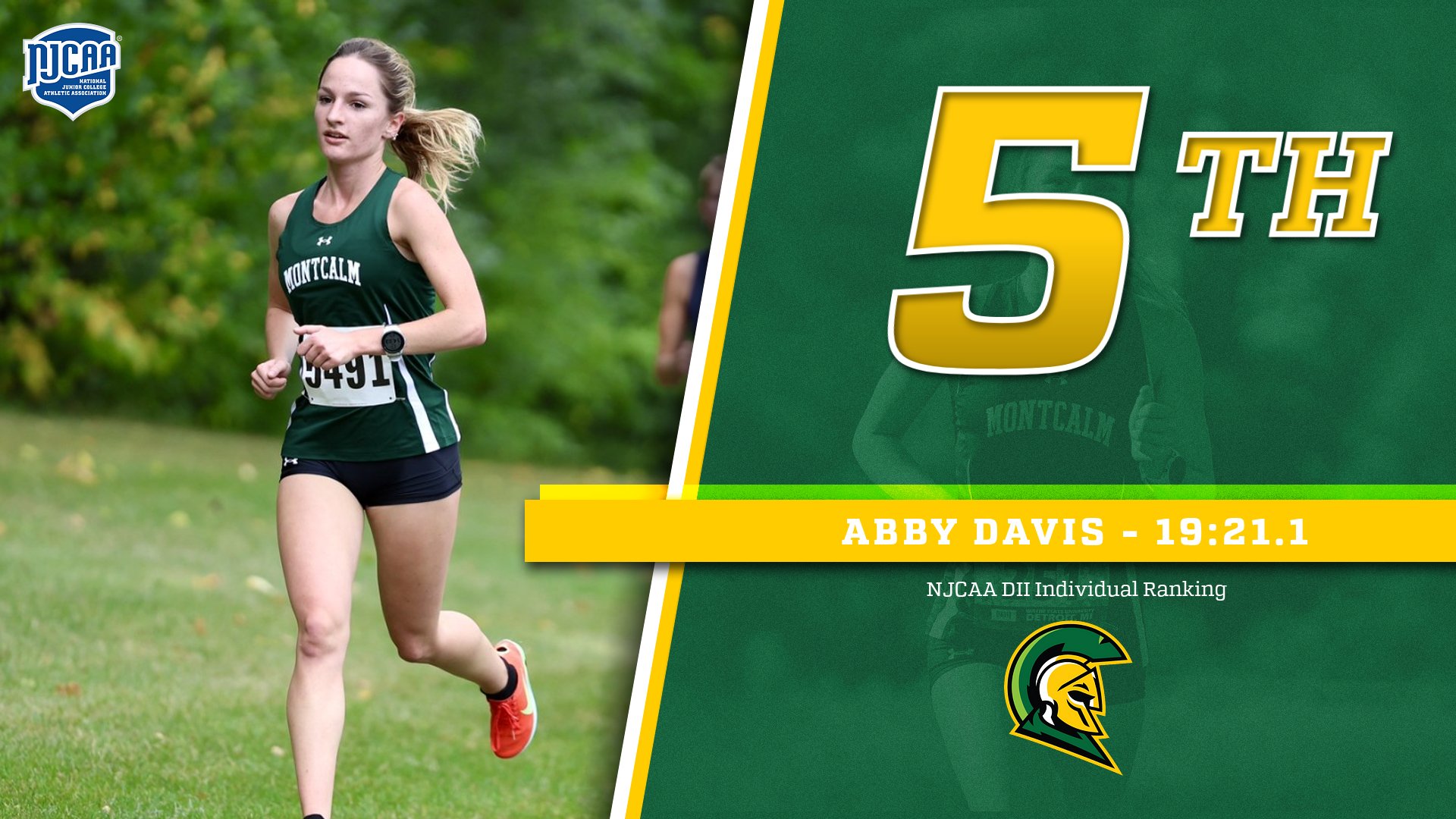 MCC women's cross country runner Abby Davis running on a course with words next to her: "5th - Abby Davis 19:21.1 NJCAA DII Individual Ranking"