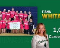 A graphic is shown celebrating MCC volleyball player Tiana Whitacre on 1,000 career assists. A team photo with all MCC volleyball players posing with a "Tiana 1,000 assists" poster is shown on the left side of the graphic.