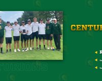 Golfing graphic of golfing team and team score results. First place score of 295 and a second place score of 306.