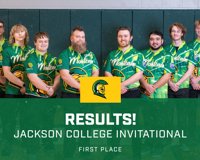 Picture of MCC Bowling Athletes smiling behind their first place results at the Jackson College Invitational.