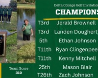 A graphic showcasing results from the men's golf invitational at Delta College, with scores on the right and team photos on the left. The team scored 310.
