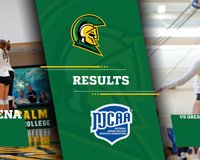 Results from two MCC volleyball games are shown in a single graphic, with photos of volleyball players on both the left and right of the graphic. MCC defeated Alpena, 3-0, but lost to Great Lakes Christian, 1-3.